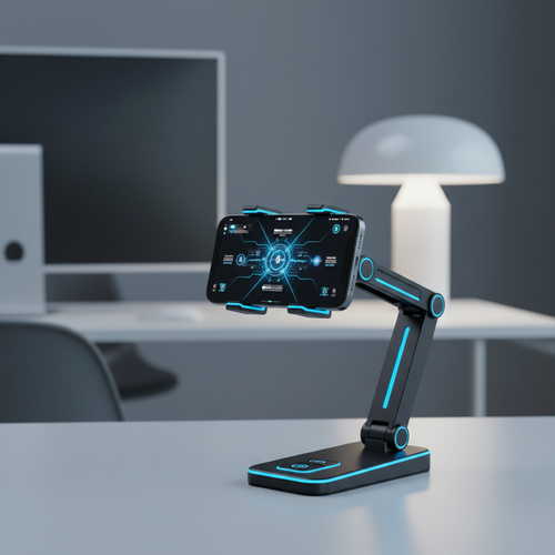 Moncrease 2-in-1 Phone Stand and Car Mount in matte black with electric blue accents